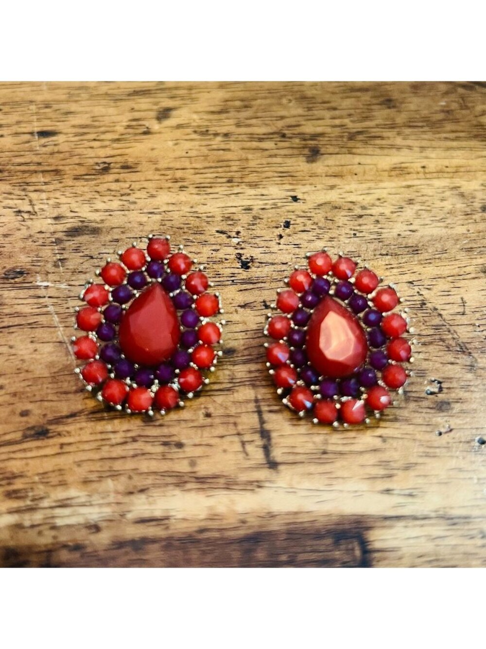Vintage Inspired Pink & Purple Teardrop Statement Earrings Faux Gemstone Design